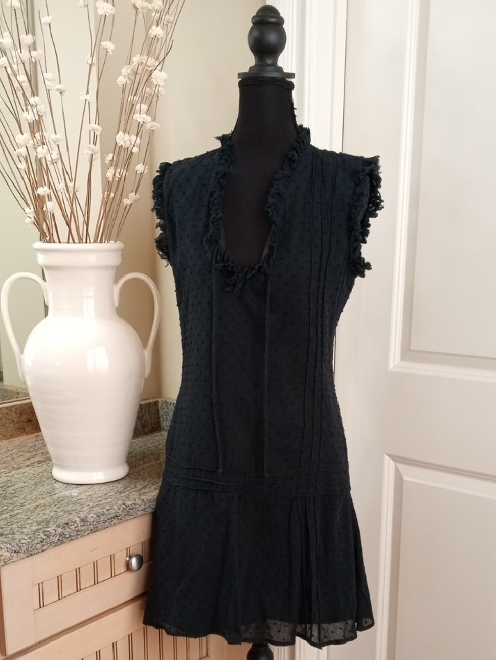 Vintage Black V-Neck Mini Dress with Frayed Detailing. Size Small